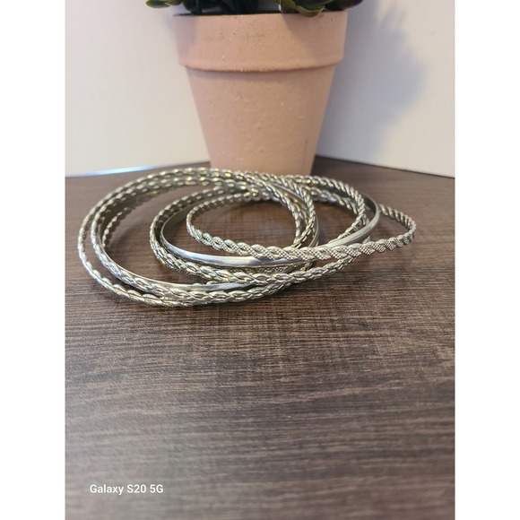 Silver Tone Stackable Bangle Bracelet Set 8 Piece Twisted Rope Smooth Minimalist - Picture 4 of 7